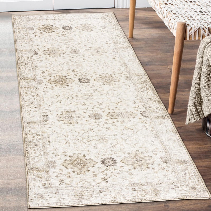 ReaLife Rugs Machine Washable Area Rug Runner  Living Room Bedroom Bathroom Kitchen Entryway Office  Padded Low Pile Stain Resistant Premium  Boho Farmhouse Vintage  BEV  Beige 26 x 6