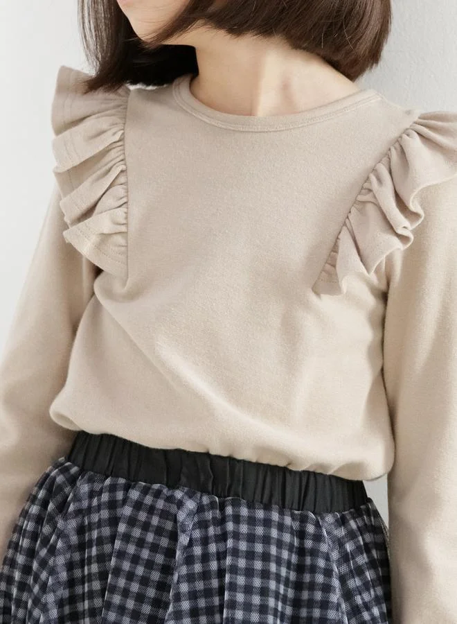 Take Two  Girl's Solid Ruffle Detail Round Neck Long Sleeve Top for Women | Best Price UAE