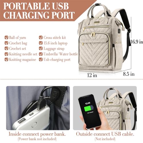 Kuosdaz Knitting Bag Backpack, Crochet Bag Tote, Yarn Organizer with USB Charging Port, Christmas Gifts Large Travel Knit Storage Tote for Crochet Hooks, Knitting Needles, Yarn Supplies, Beige - Image 4