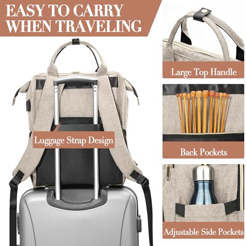 Kuosdaz Knitting Bag Backpack, Crochet Bag Tote, Yarn Organizer with USB Charging Port, Christmas Gifts Large Travel Knit Storage Tote for Crochet Hooks, Knitting Needles, Yarn Supplies, Beige - Image 5