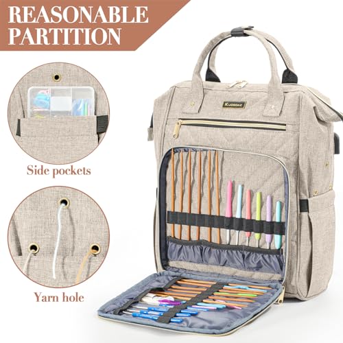 Kuosdaz Knitting Bag Backpack, Crochet Bag Tote, Yarn Organizer with USB Charging Port, Christmas Gifts Large Travel Knit Storage Tote for Crochet Hooks, Knitting Needles, Yarn Supplies, Beige - Image 2
