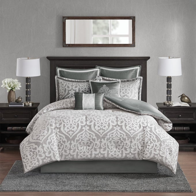 ODETTE COZY COMFORTER SET JACQUARD DAMASK MEDALLION DESIGN MODERN ALL SEASON DOWN ALTERNATIVE BEDDING SHAMS DECORATIVE PILLOWS KING104 IN X 92 IN SILVER 8 PIECE