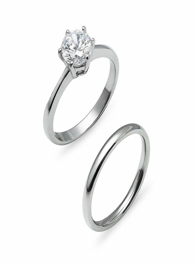 SILVERLINE JEWELRY Stainless Steel 2mm Wedding Band & Solitaire Cubic Zirconia Engagement Ring Set, Silver Tone Size 11 - Image 3