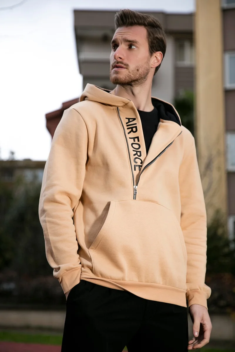 بوراتي Kangaroo Pocket Zippered Hooded Collar Slim Fit Men's Sweat 575707