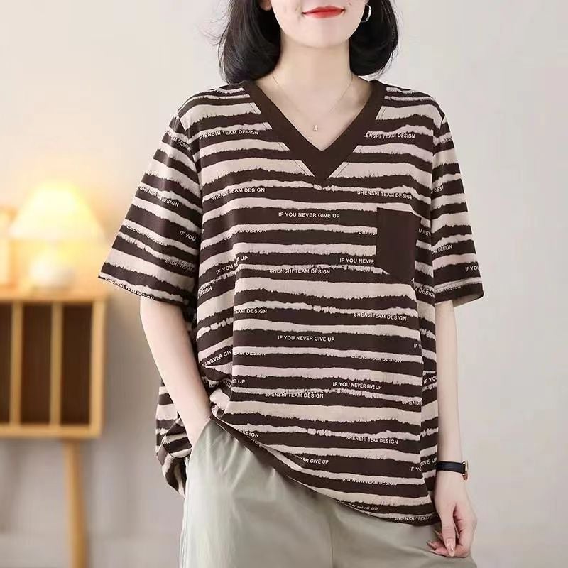 Summer Plus Size Striped Stylike Short-Sleeved Women'S V-Neck Casual All-Match Loose Flesh Covering Elegant T-Shirt For Women - Image 4