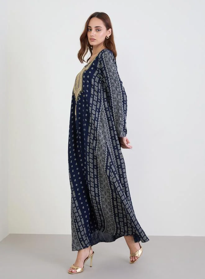 Amirah Amirah Navy Blue Printed Panel Embroidered Jalabiya