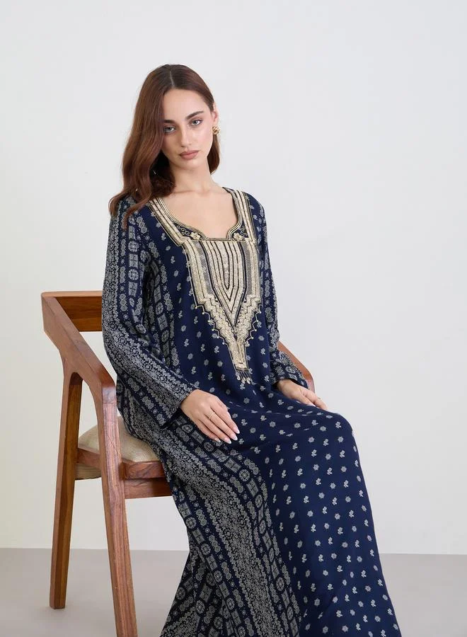 Amirah Amirah Navy Blue Printed Panel Embroidered Jalabiya