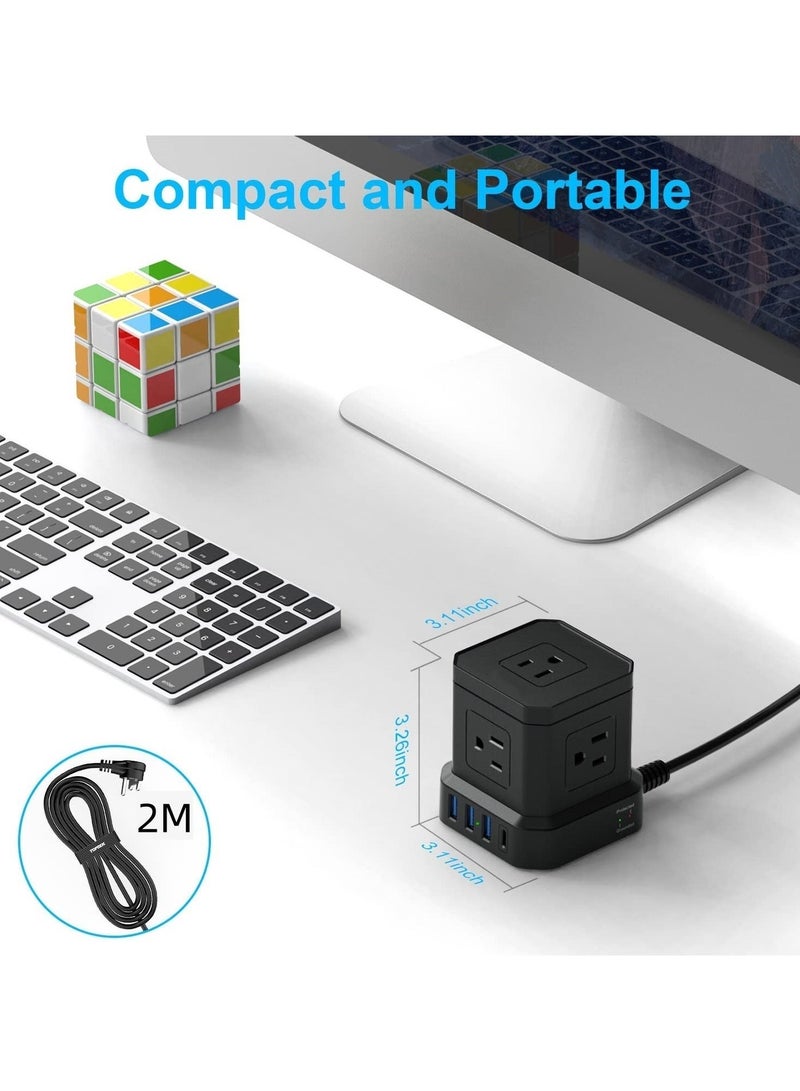 XICEN Power Strip with USB Port, Power Tower with 5 AC Scooter, 4 USB Charge Port(3.0A), 2 M Flat Extension Cord, Surge Protector Compact for Home, Office, Dorm, Hotel, Travel - Image 3