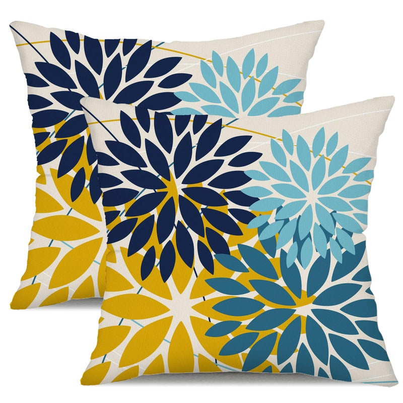DFXSZ Outdoor Pillow Covers 18x18 Inch Set of 2 Green Yellow Blue Flower Decorative Waterproof Spring Summer Outdoor Pillow Covers for Patio Funiture Garden Couch 168F18 - Image 2