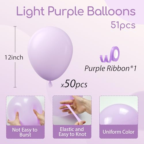 awenztech Light Purple Balloons 12 inch Pastel Purple Latex Balloons 50pcs Party Balloon for Wedding Baby Shower Gender Reveal Birthday Party Decorations - Image 5