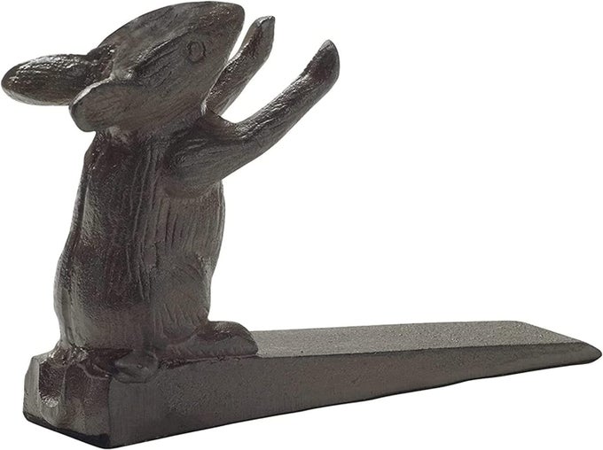 VINTAGE CAST IRON MOUSE DOOR STOP WEDGE BY LOVELY DECORATIVE FINISH PADDED ANTISCRATCH FELT BOTTOM PROTECTS FLOORS HEAVY DOOR WEDGE IN RUST BROWN COLOR