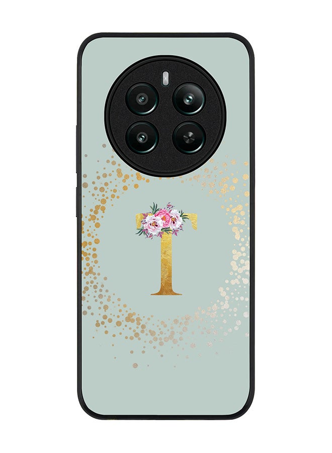 Stylizedd Rugged Black edge case for Realme 12 Plus 5G / Realme 12 4G Case Cover- Custom Monogram Initial Letter Floral Pattern Alphabet - T (Light Grey) - Image 1