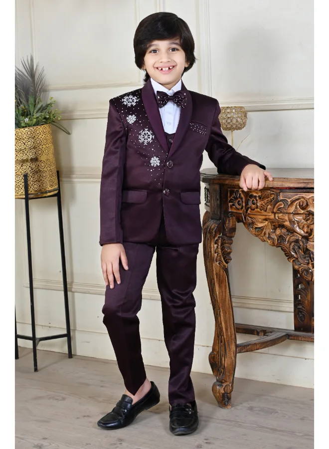 BT DEZINES Maroon Satin 5-Piece Suit Set for Boys