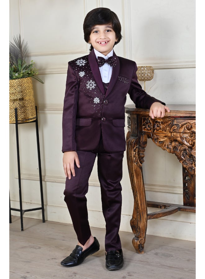 BT DEZINES Maroon Satin 5-Piece Suit Set for Boys - Image 1