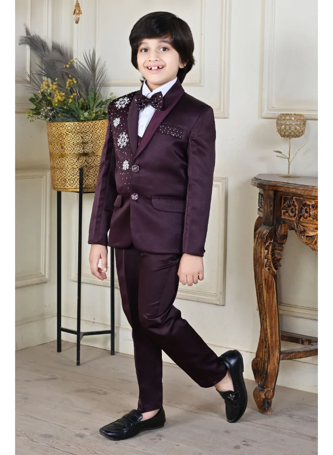 BT DEZINES Maroon Satin 5-Piece Suit Set for Boys