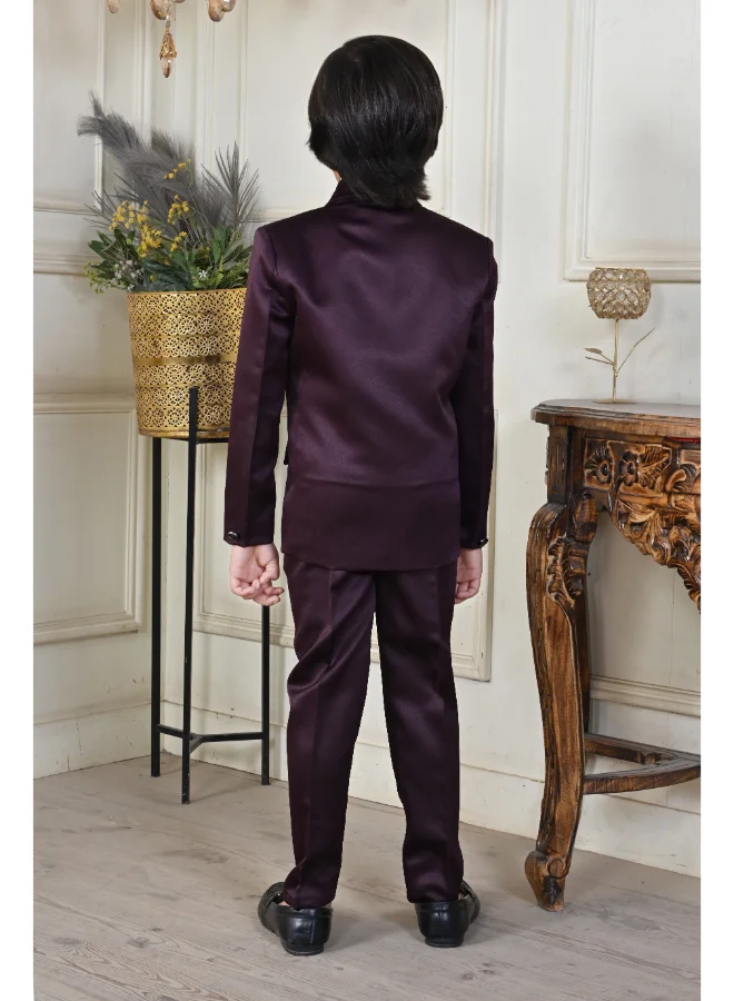 BT DEZINES Maroon Satin 5-Piece Suit Set for Boys