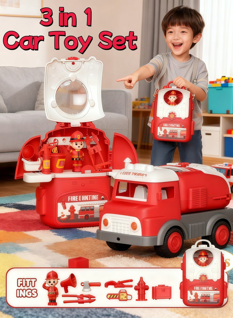 إيزي سو مجموعة ألعاب سيارة تظاهرية 3 في 1، نموذج شاحنة إطفاء واقعي مع شكلين يمكن تحويلهما بحرية، لعبة تظاهر تفاعلية بين الوالدين والطفل، مجموعة ألعاب سيارة، سيارة لعبة متحولة، نموذج سيارة متعدد الوظائف، هدية رائعة للأولاد والبنات - Image 1