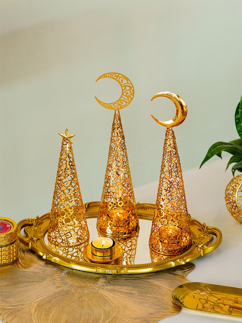 Ramadan/Eid Golden Moon & Star Metal Lantern Set, Hollow-Out Candle Holder & Incense Burner - Image 4