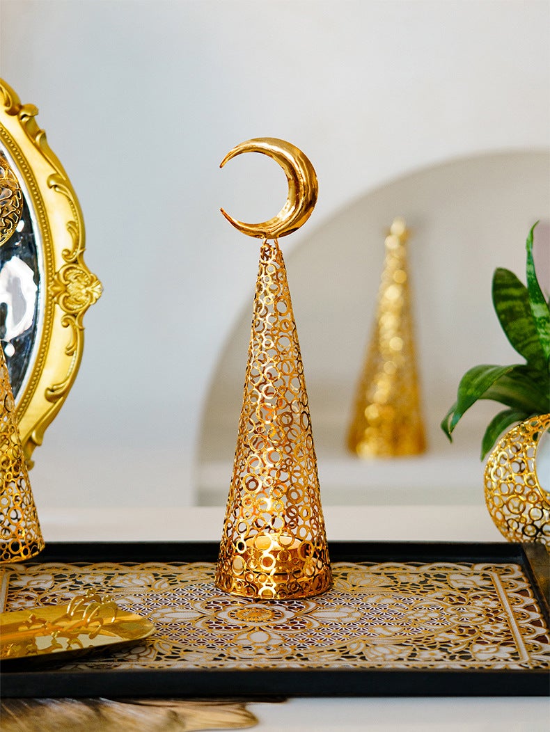 Ramadan/Eid Golden Moon & Star Metal Lantern Set, Hollow-Out Candle Holder & Incense Burner - Image 1