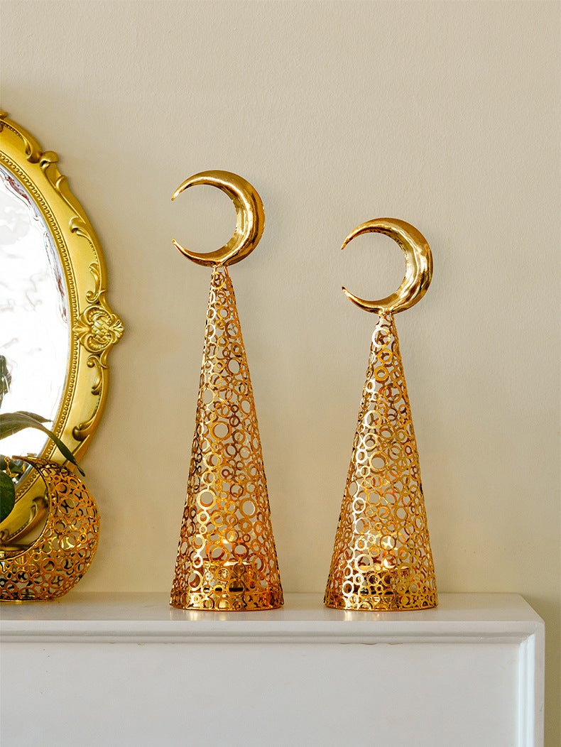 Ramadan/Eid Golden Moon & Star Metal Lantern Set, Hollow-Out Candle Holder & Incense Burner - Image 3