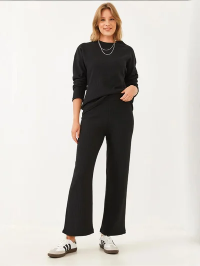 Bianco Lucci LUCCI Ribbed Textured Crew Neck Sweater and Pants Set