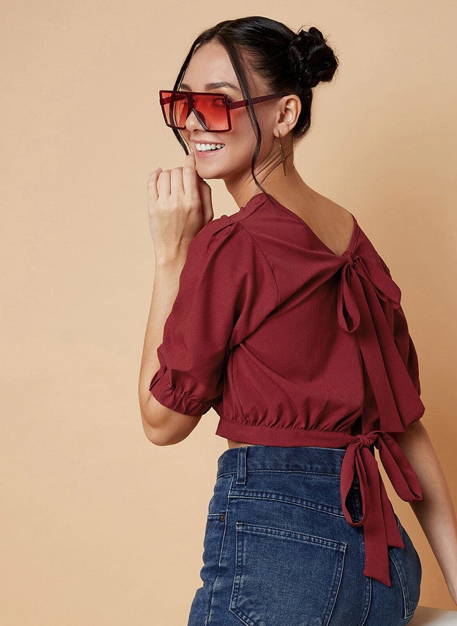 CHIMPAAANZEE Women Maroon Styled Back Crop Top - Image 5