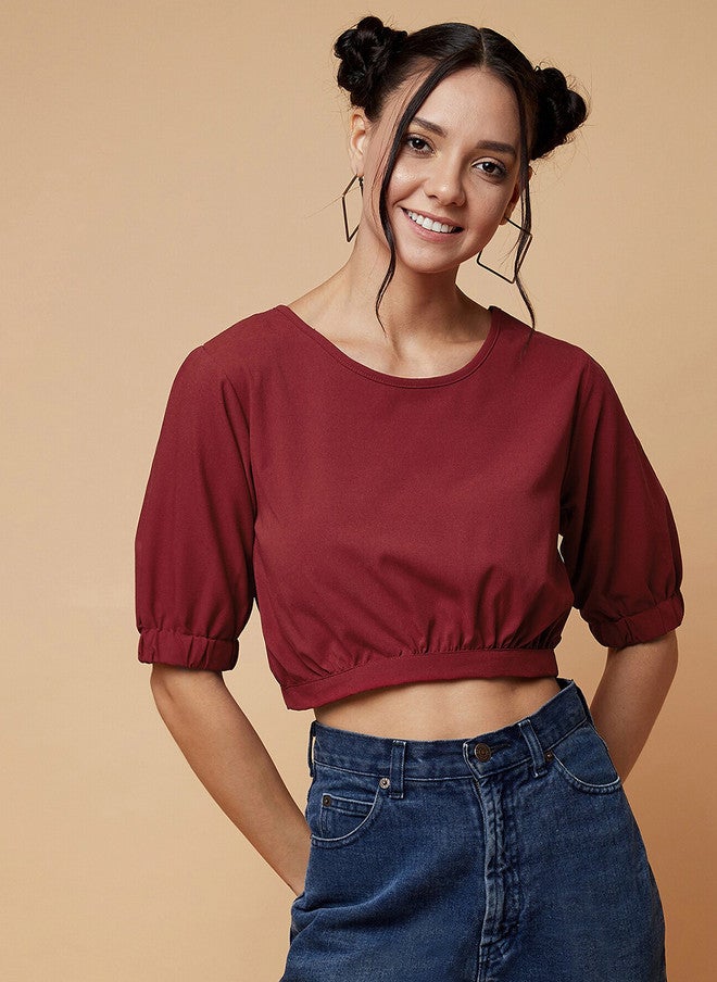 CHIMPAAANZEE Women Maroon Styled Back Crop Top - Image 1