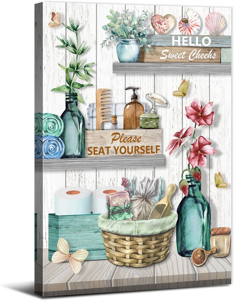 sunfrower Farmhouse Bathroom Wall Art Teal Flower Pictures Country Plant Wall Decor - Image 1