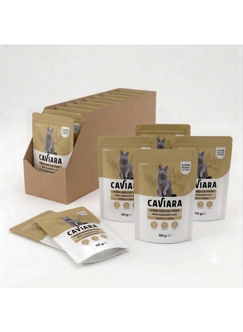 Caviara Pouch for Strelised Adult Cats  with Salmon&Trout Chunks in Gravy 20 x 100gr
