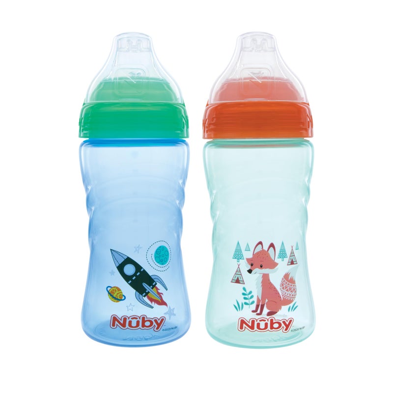 Nuby 2 Pack No Spill Printed Thirsty Kids No-Spill Sip-it Sport Cup with Soft Spout and Lid - 12oz, 12+ Months, 2 Pack, Blue Rocket & Aqua Fox - Image 1