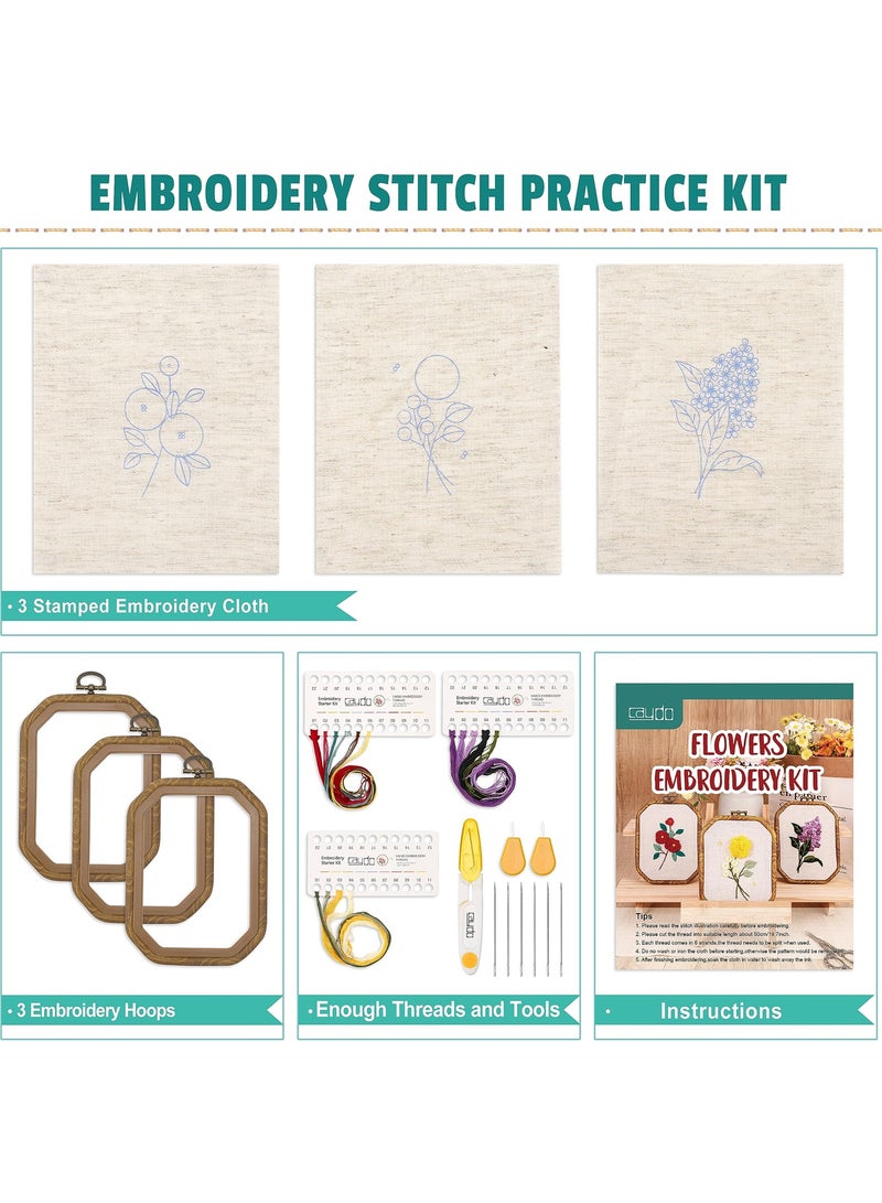 Complete Embroidery Starter Kit with Floral Designs, Includes Fabric, Wooden Hoops, Threads, Scissors and Easy Instructions for Beginners  - Image 2