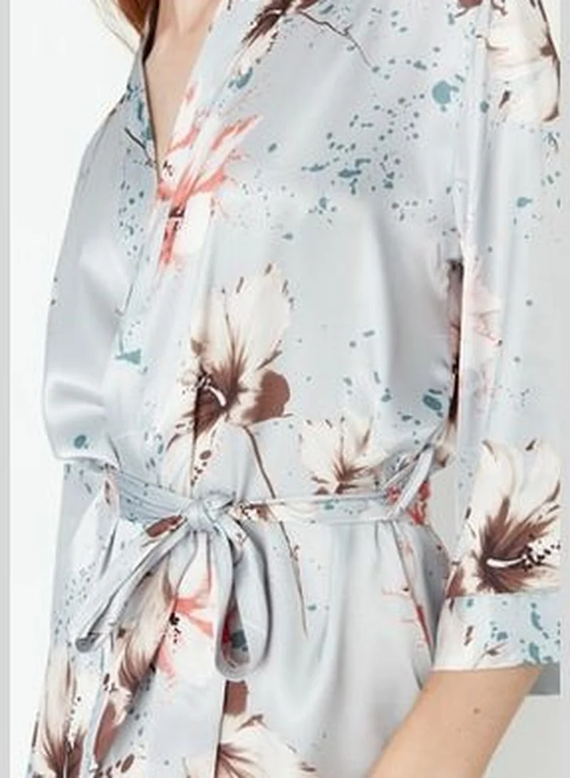 trendyol Floral Patterned Gray Woven Satin Dressing Gown with Belt THMSS21SB0005