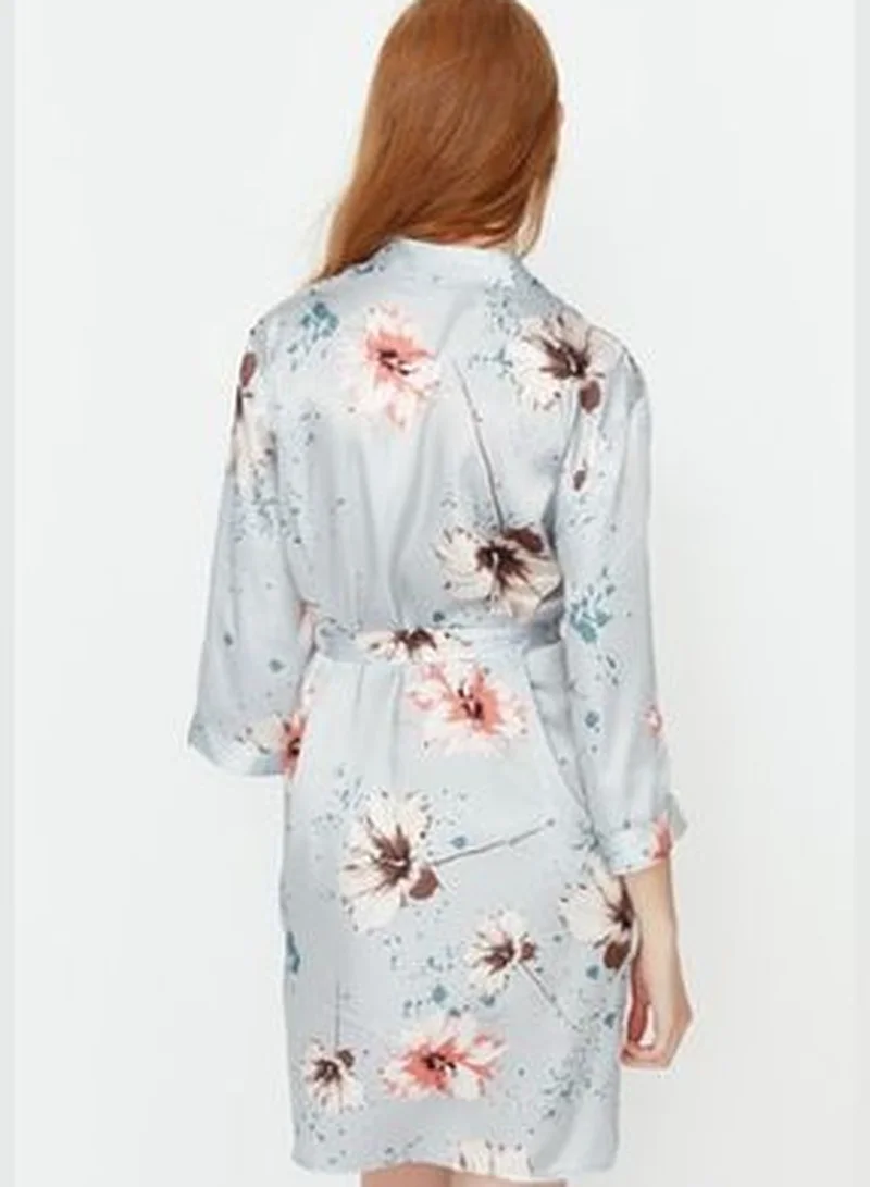 trendyol Floral Patterned Gray Woven Satin Dressing Gown with Belt THMSS21SB0005