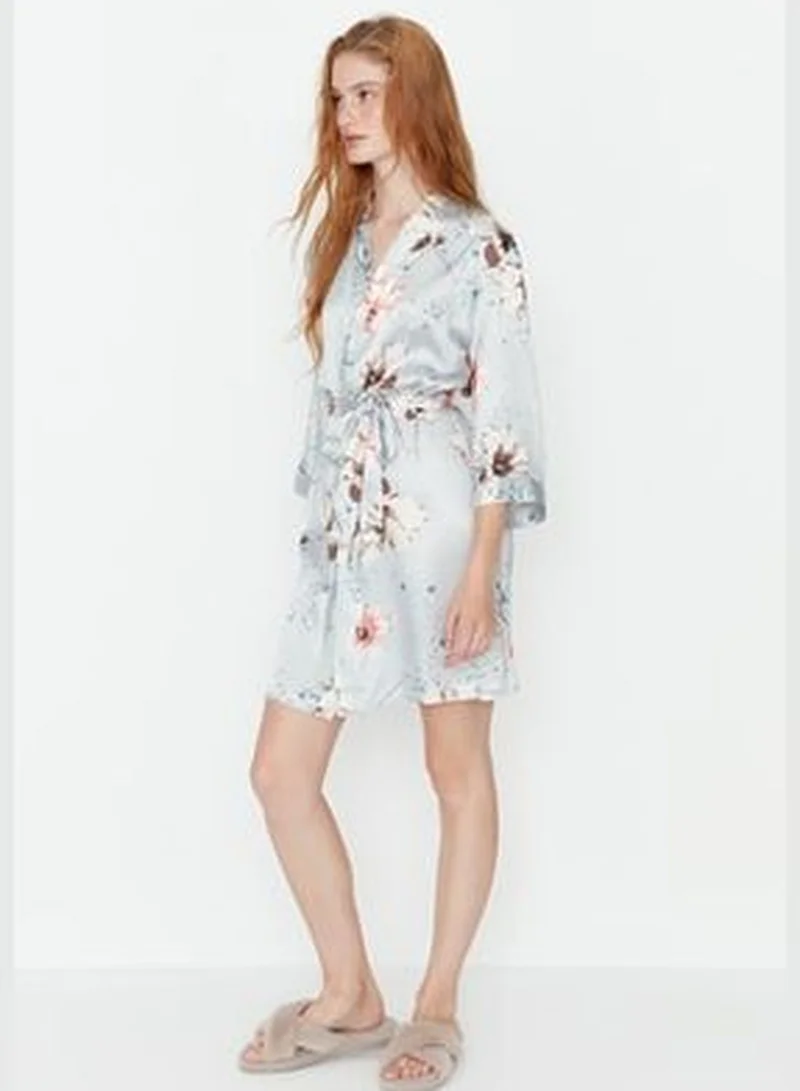 trendyol Floral Patterned Gray Woven Satin Dressing Gown with Belt THMSS21SB0005