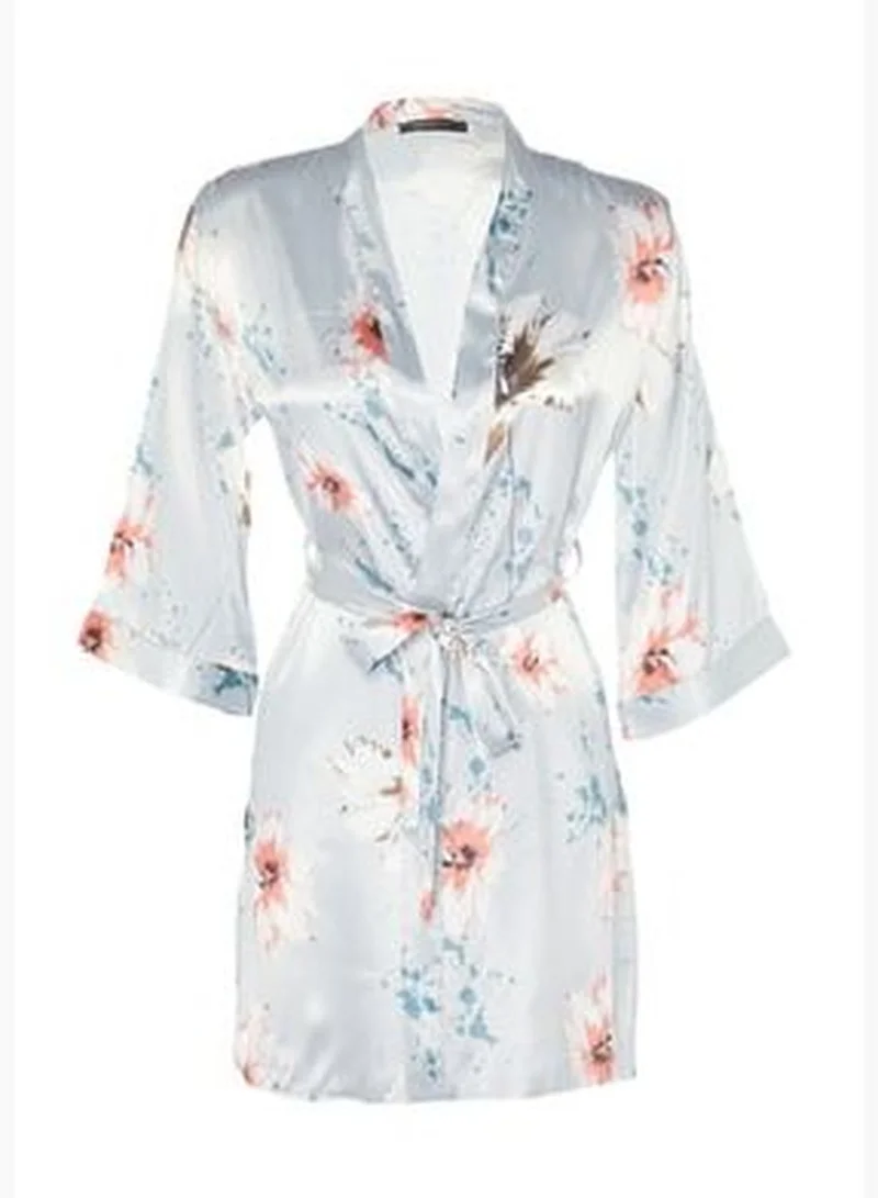 trendyol Floral Patterned Gray Woven Satin Dressing Gown with Belt THMSS21SB0005