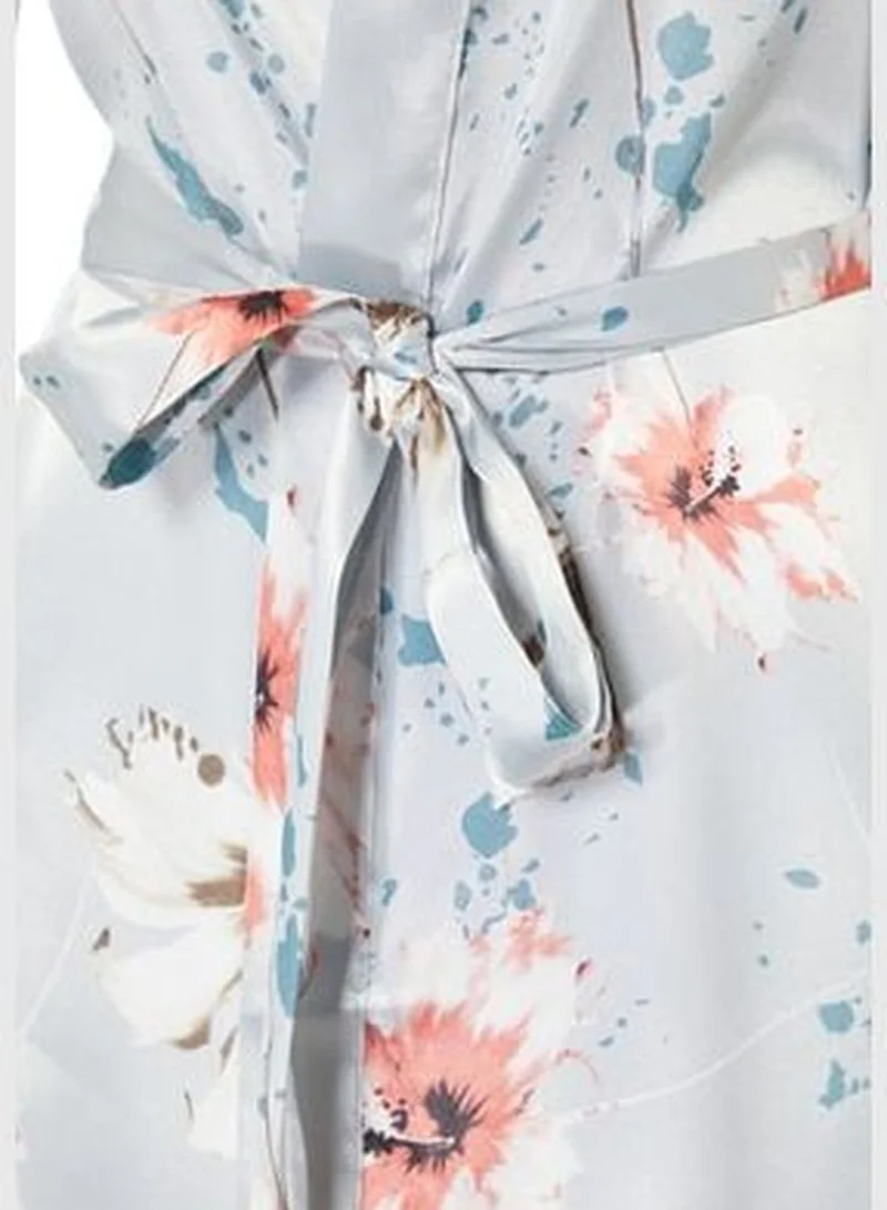 trendyol Floral Patterned Gray Woven Satin Dressing Gown with Belt THMSS21SB0005