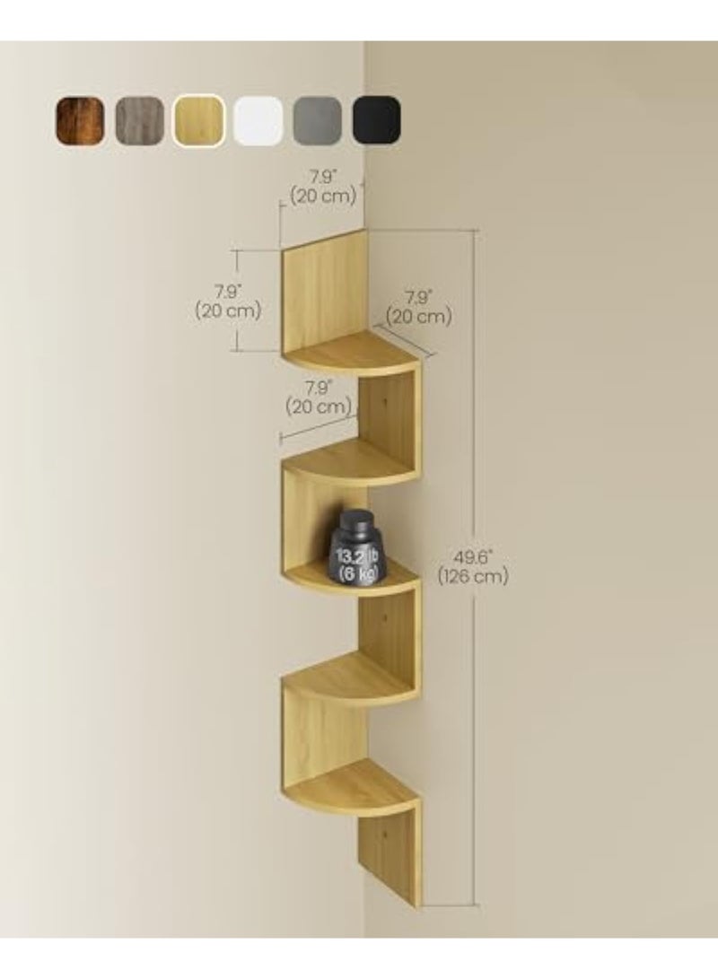 Arabest رف زاوية مثبت على الحائط، رف زاوية عائم 5 طبقات، رف نباتات لغرفة النوم، غرفة المعيشة، الحمام، المكتب المنزلي، بلوط طبيعي - Image 2