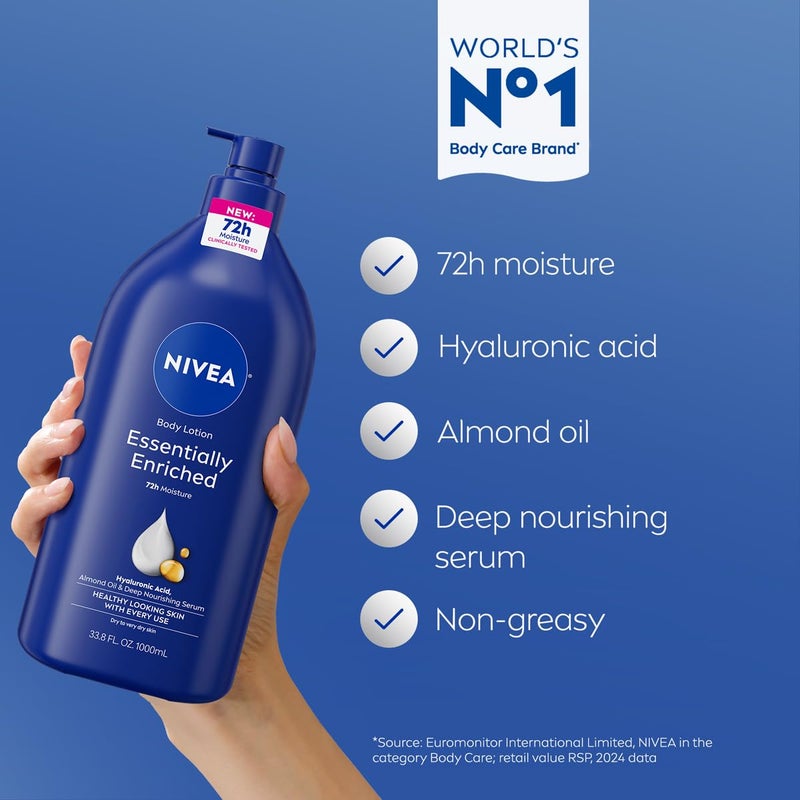 NIVEA Essentially Enriched Body Lotion for Very Dry Skin with Hyaluronic Acid, Almond Oil and Deep Nourishing Serum, 72-Hour Body Moisturizer, 33.8 Fl Oz Value Size Pump Bottle - Image 3
