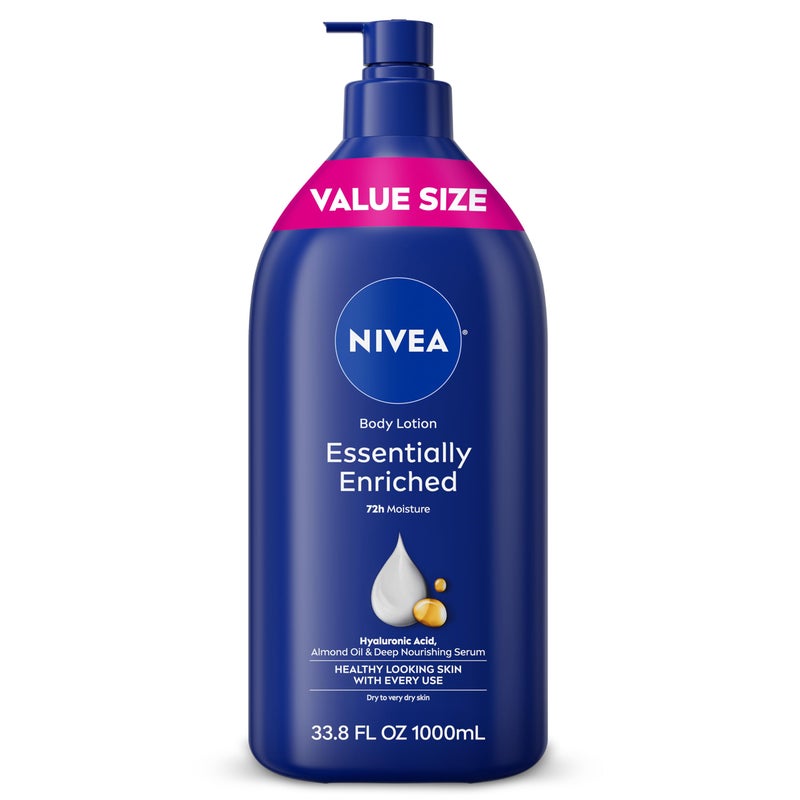 NIVEA Essentially Enriched Body Lotion for Very Dry Skin with Hyaluronic Acid, Almond Oil and Deep Nourishing Serum, 72-Hour Body Moisturizer, 33.8 Fl Oz Value Size Pump Bottle - Image 1
