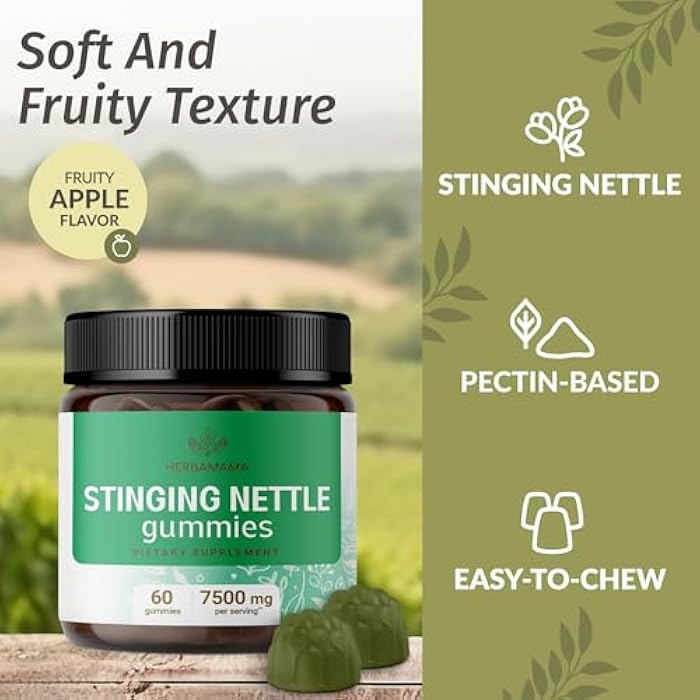 HERBAMAMA Stinging Nettle Gummies - 7500mg Stinging Nettle Root Extract for Urinary Tract Support for Women & Men - Vegan, Non-GMO Urtica Dioica Supplement - 60 Pectin-Based Apple-Flavored Chews - Image 4