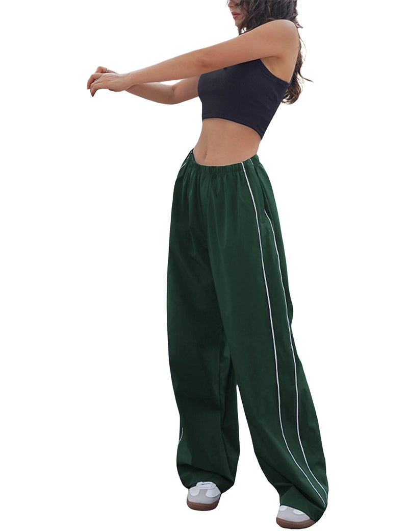Springrain Womens Wide Leg Track Pants Slouchy Stripe Detail Jogger Sweatpants with Pockets(ArmyGreen-XS) - Image 1