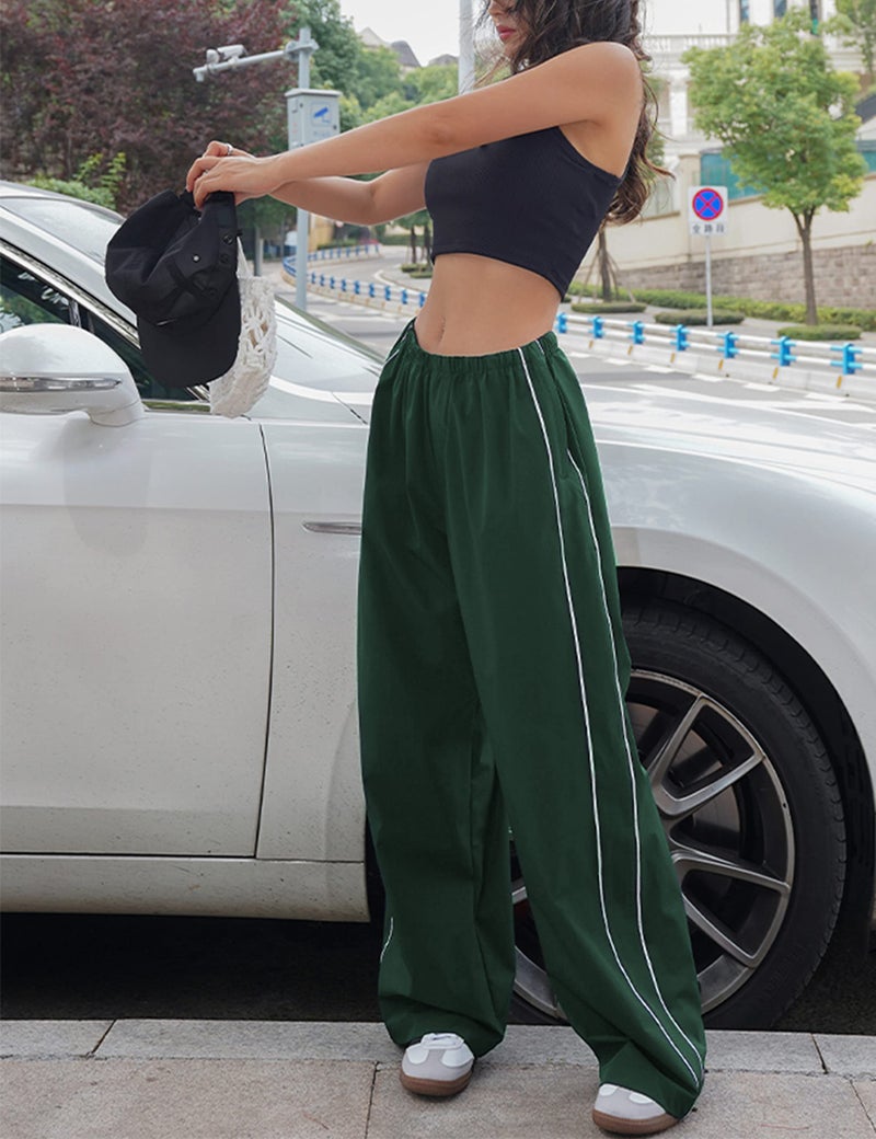Springrain Womens Wide Leg Track Pants Slouchy Stripe Detail Jogger Sweatpants with Pockets(ArmyGreen-XS) - Image 5
