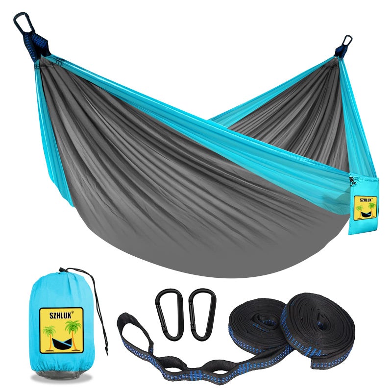 SZHLUX SZHLUX Camping Hammock Double & Single Portable Hammocks with 2 Tree Straps and Attached Carry Bag,Great for Outdoor,Indoor,Beach,Camping,Light Grey / Sky Blue  - Image 1