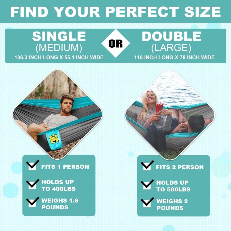 SZHLUX SZHLUX Camping Hammock Double & Single Portable Hammocks with 2 Tree Straps and Attached Carry Bag,Great for Outdoor,Indoor,Beach,Camping,Light Grey / Sky Blue  - Image 2