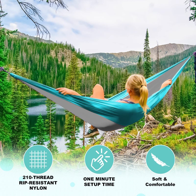SZHLUX SZHLUX Camping Hammock Double & Single Portable Hammocks with 2 Tree Straps and Attached Carry Bag,Great for Outdoor,Indoor,Beach,Camping,Light Grey / Sky Blue  - Image 4