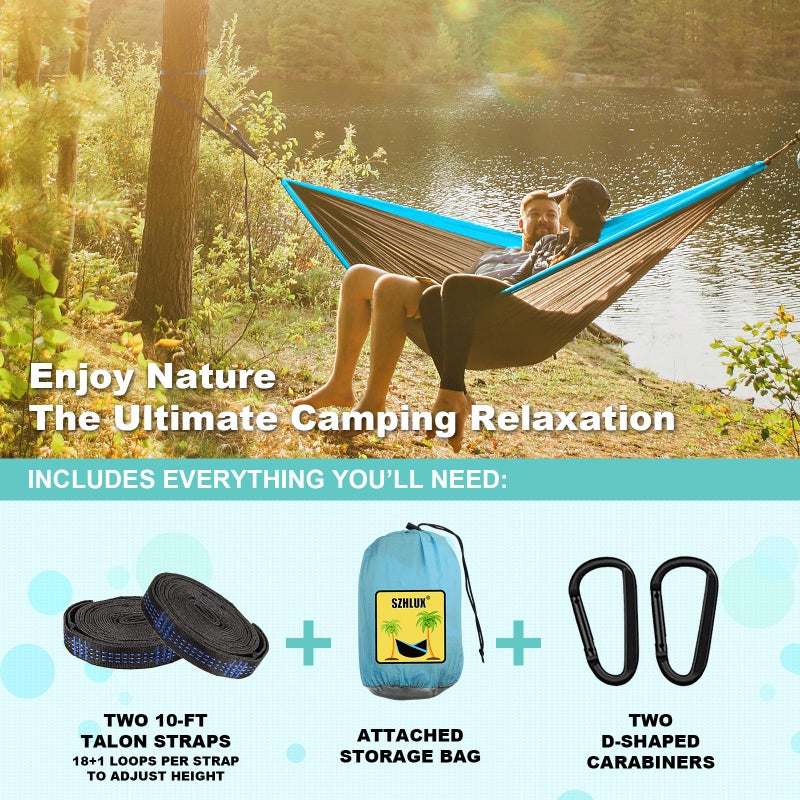 SZHLUX SZHLUX Camping Hammock Double & Single Portable Hammocks with 2 Tree Straps and Attached Carry Bag,Great for Outdoor,Indoor,Beach,Camping,Light Grey / Sky Blue  - Image 3