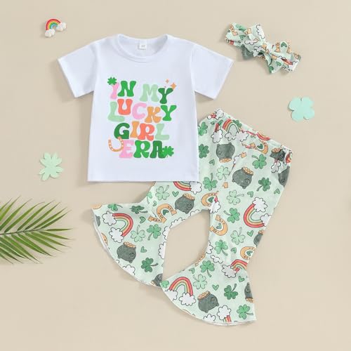 YINGISFITM Toddler Baby Girl St Patricks Outfit Letter Short Sleeve T Shirt Irish Shamrock Bell Bottoms Lucky Clothes (St Patricks Day Outfit Lucky Green, 6-12 Months) - Image 2