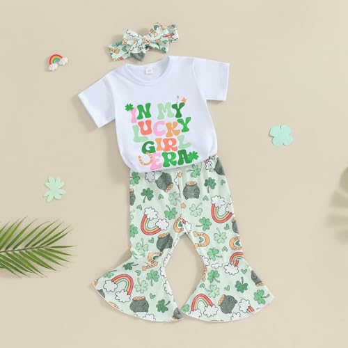 YINGISFITM Toddler Baby Girl St Patricks Outfit Letter Short Sleeve T Shirt Irish Shamrock Bell Bottoms Lucky Clothes (St Patricks Day Outfit Lucky Green, 6-12 Months) - Image 3