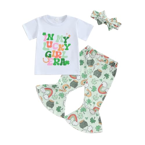 YINGISFITM Toddler Baby Girl St Patricks Outfit Letter Short Sleeve T Shirt Irish Shamrock Bell Bottoms Lucky Clothes (St Patricks Day Outfit Lucky Green, 6-12 Months) - Image 1