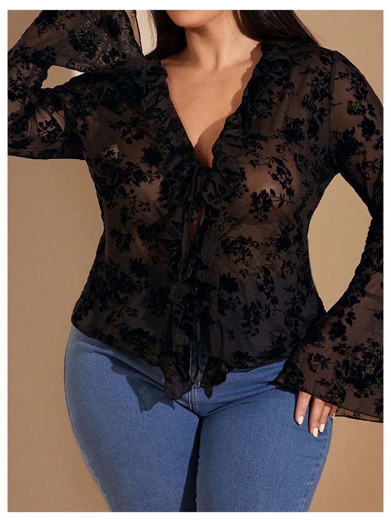 WDIRARA Women's Plus Size Floral Lace Sheer T Shirt Tie Front Long Bell Sleeve Tee Going Out Tops Black XX-Large Plus - Image 3